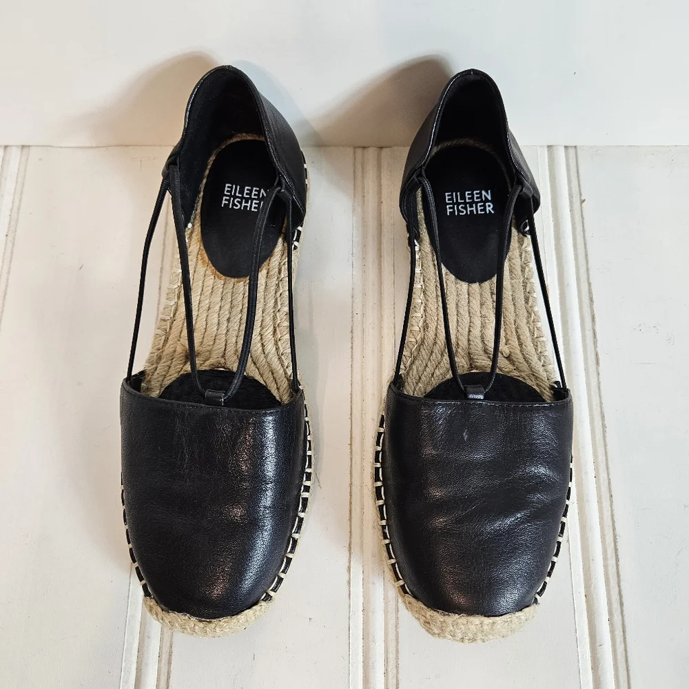 Eileen Fisher Wali Black Leather Espadrilles Women’s 6.5 Slip On Flat Loafers